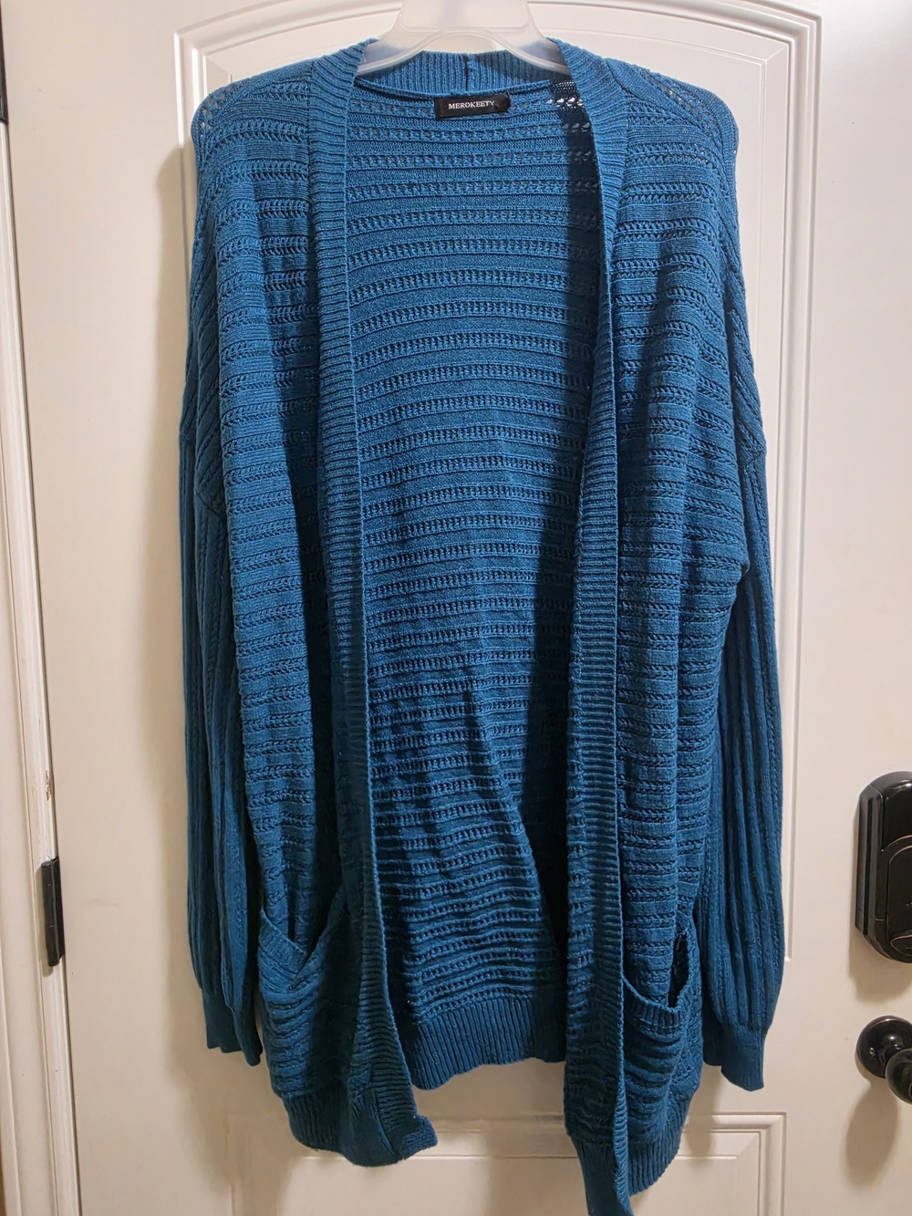 Merokeety Teal Open Front Cardigan 2XL Textured Knit Pockets.